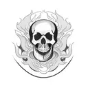 Design a blackwork tattoo showcasing a skull wearing a bandana, surrounded by flames and motorcycle gears tattoo design idea