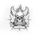 Design a blackwork tattoo showcasing a skull wearing a bandana, surrounded by flames and motorcycle gears tattoo design idea