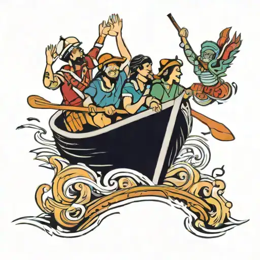 four people waving in a boat tattoo design idea