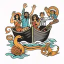 four people waving in a boat tattoo design idea