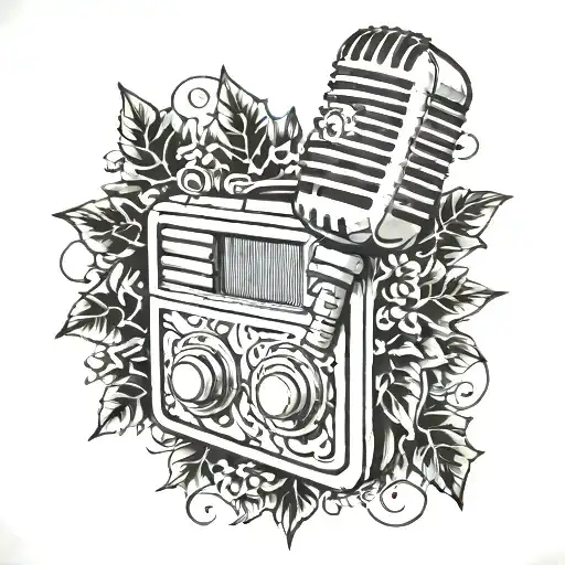 classic microphone, thorny vines, old school radio tattoo design idea