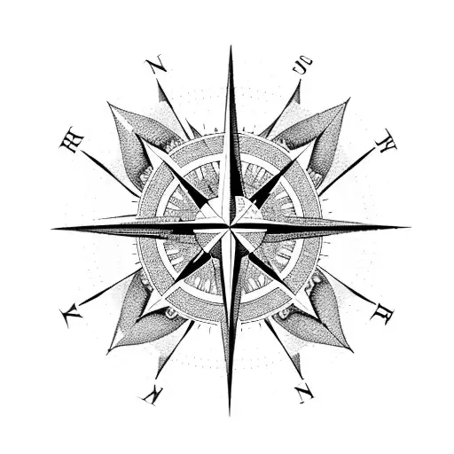 A dotwork design of a compass rose with each family member's initials pointing towards their birthplace tattoo design idea