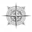 A dotwork design of a compass rose with each family member's initials pointing towards their birthplace tattoo design idea