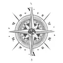 A dotwork design of a compass rose with each family member's initials pointing towards their birthplace tattoo design idea