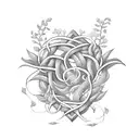 Last name initials intertwined with vines and flowers tattoo design idea