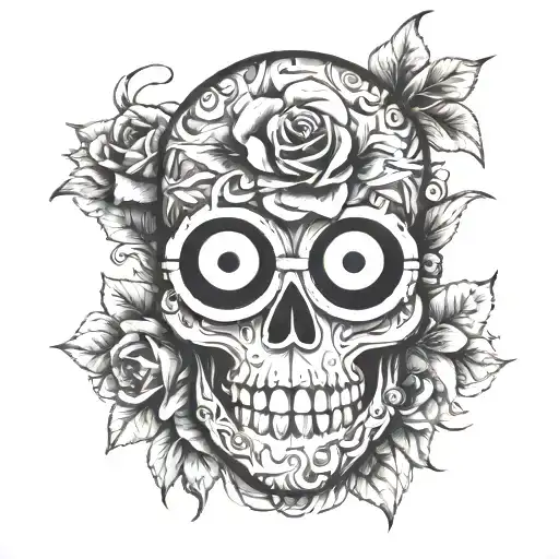 Minion Skull and Flowers tattoo design idea