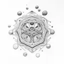 A mesmerizing dotwork tattoo of a chemical reaction, with elements merging and transforming into different compounds. tattoo design idea