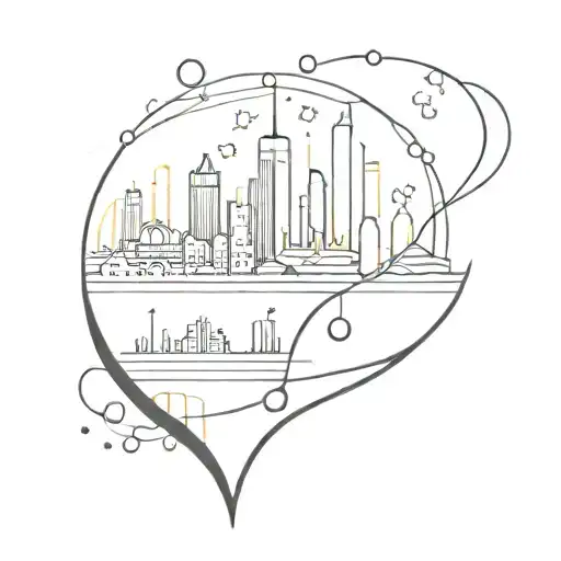 An abstract minimalist tattoo design of a water droplet transforming into a city skyline, representing the client's love for nature and cities tattoo design idea