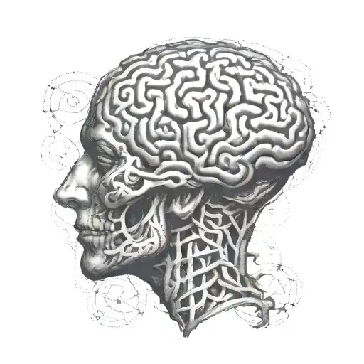 A stylized brain with intricate patterns representing mental illness and the strength to overcome it tattoo design idea