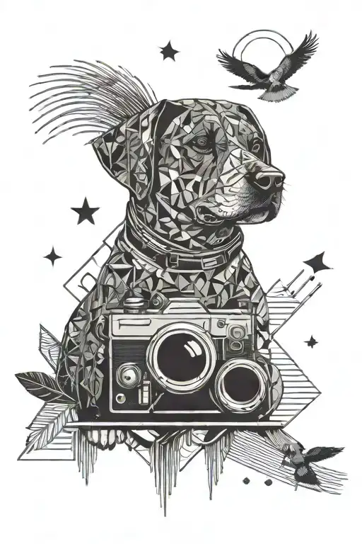 Cinema clapperboard, moon, sea, music, dance, dog, parrot and travel tattoo design idea