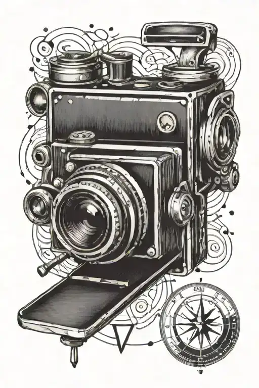 A tattoo design of a vintage film camera surrounded by musical notes and a compass indicating travel tattoo design idea