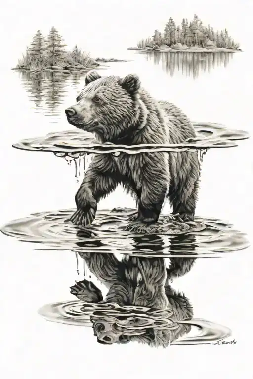 bear cub walking on water with a reflection tattoo design idea