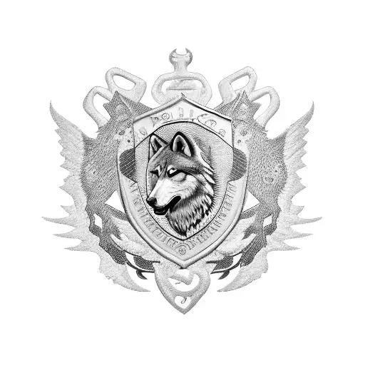 A police badge with a horse, wolf, and eagle intertwined, representing the client's passions and occupation tattoo design idea
