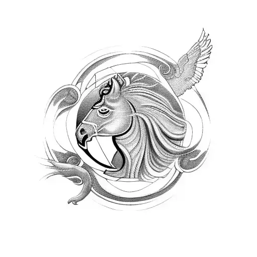 A blackwork tattoo of a horse and eagle in a yin and yang design, symbolizing the client's love for animals and Brazil tattoo design idea