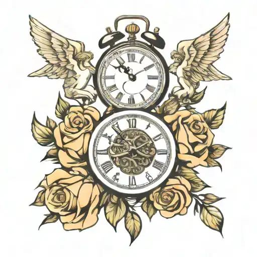 roses roman date angels and clock tattoo design idea