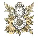 roses roman date angels and clock tattoo design idea