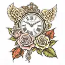 roses roman date angels and clock tattoo design idea
