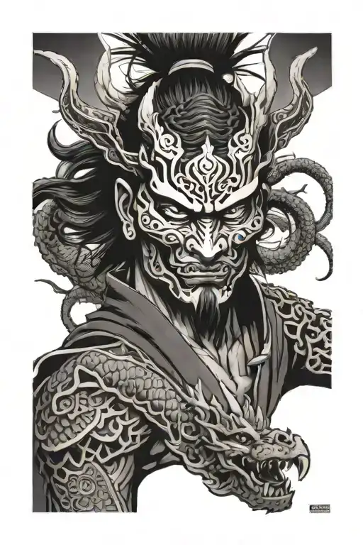 Cave, samurai and dragon with a full-back hanya mask tattoo design idea