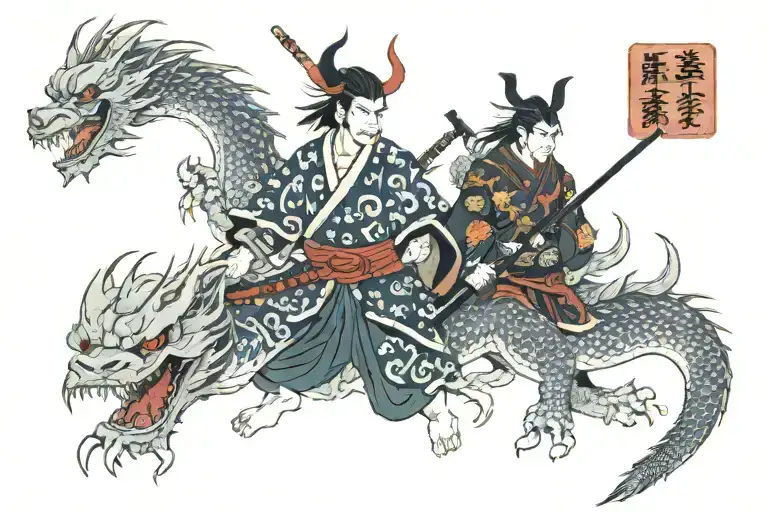 Cave, samurai and dragon with a full-back hanya mask tattoo design idea