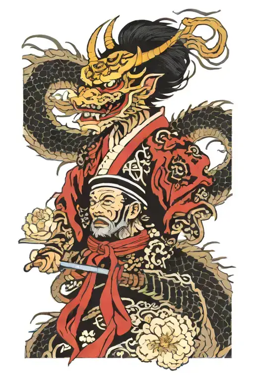 Cave, samurai and dragon with a full-back hanya mask tattoo design idea