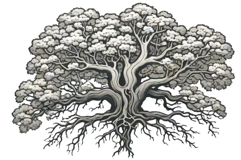 oak tree half alive half dead with root system tattoo design idea