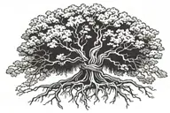 oak tree half alive half dead with root system tattoo design idea
