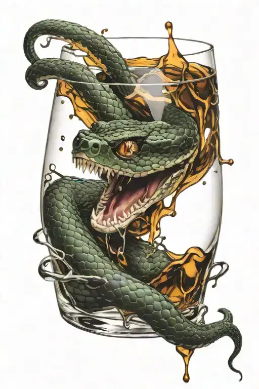 face of Snake dripping venom into whiskey glass from above tattoo design idea