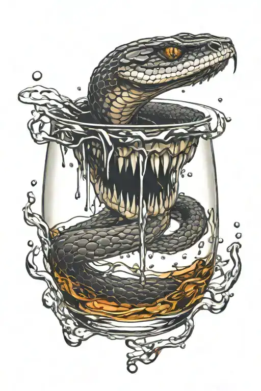 face of Snake dripping venom on top of whiskey glass from above tattoo design idea