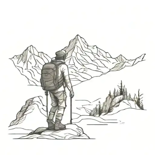 A detailed tattoo featuring a backpacker exploring a mountain landscape tattoo design idea