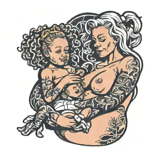 nude slim young european blonde teenage girl breastfeeding two black babies tattoo design idea