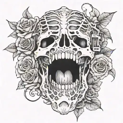 A half sleeve arm tattoo of women's ribcage splitting open, rotting corpses. Demons with wide open ripped mouths, flower tattoo design idea