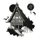 Gothic horror scene with traditional Japanese architecture tattoo design idea