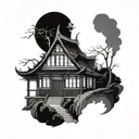 Gothic horror scene with traditional Japanese architecture tattoo design idea