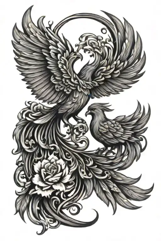 phoenix flying with flowers intertwined tattoo design idea
