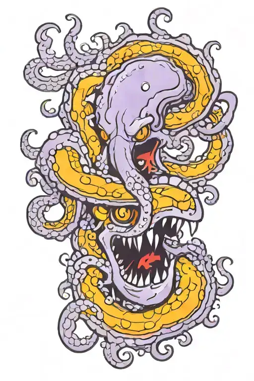 purple kraken with fire and lava tattoo design idea