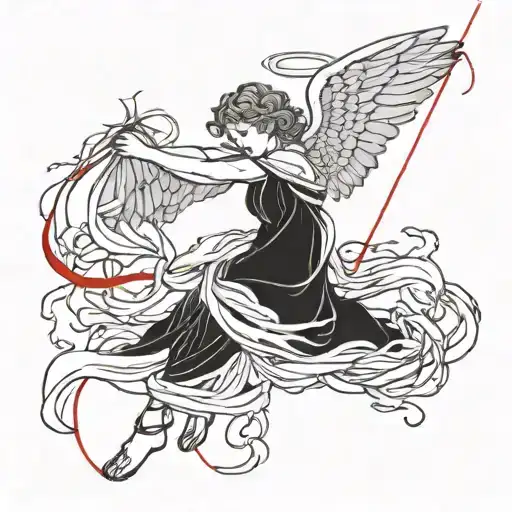 angel falling from grace holding on to a red string of fate tattoo design idea