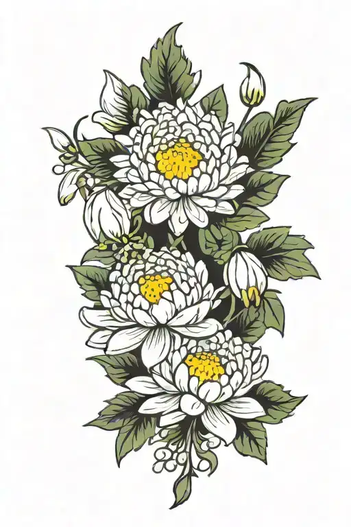 chrysanthemum,aster, & snowdrop flower bouquet tattoo design idea