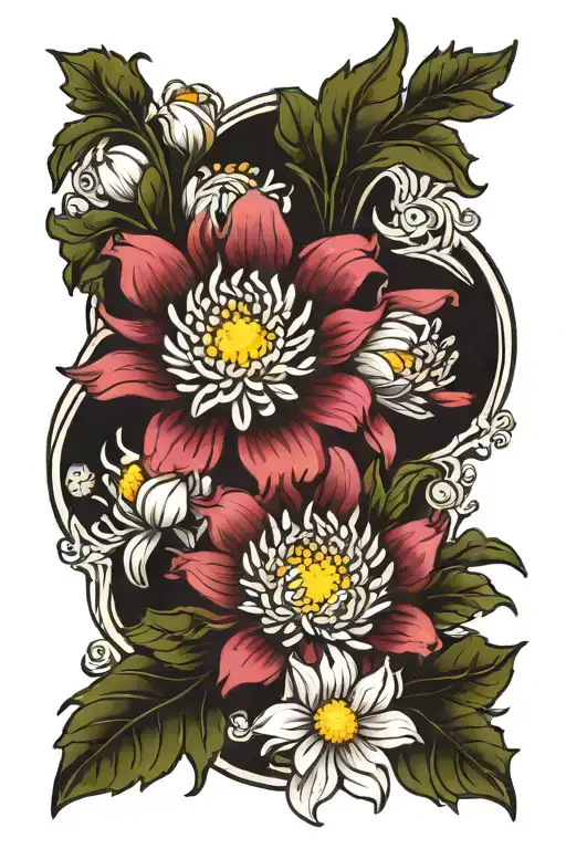 chrysanthemum,aster, & snowdrop flowers tattoo design idea