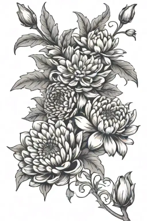chrysanthemum,aster, & snowdrop flowers intertwined tattoo design idea