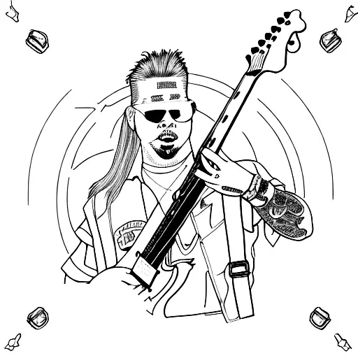 1990s era james hetfield. solid black. with explorer guitar in power stance tattoo design idea