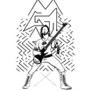 1990s era james hetfield. solid black. with explorer guitar in power stance tattoo design idea