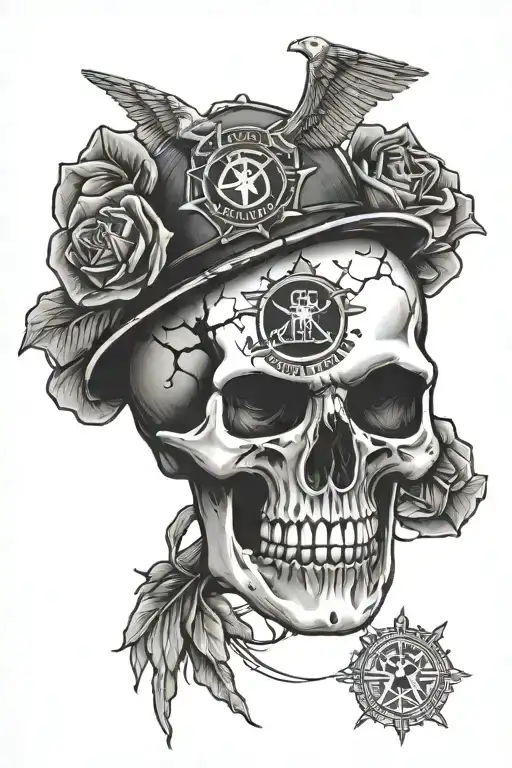 symbol of the Brazilian military police embedded in a skull surrounded by a design that occupies the entire forearm tattoo design idea
