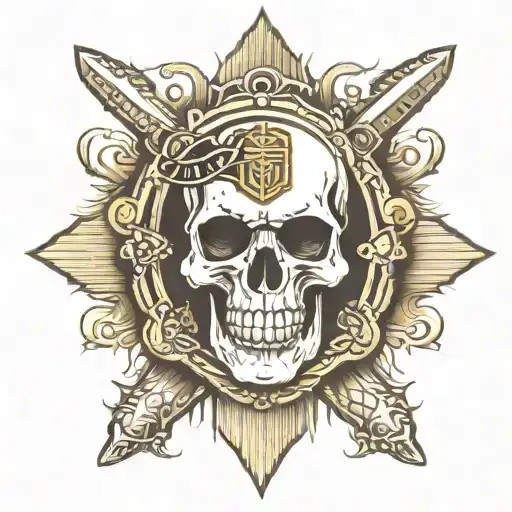 symbol of the Brazilian military police embedded in a skull surrounded by a design that occupies the entire forearm tattoo design idea
