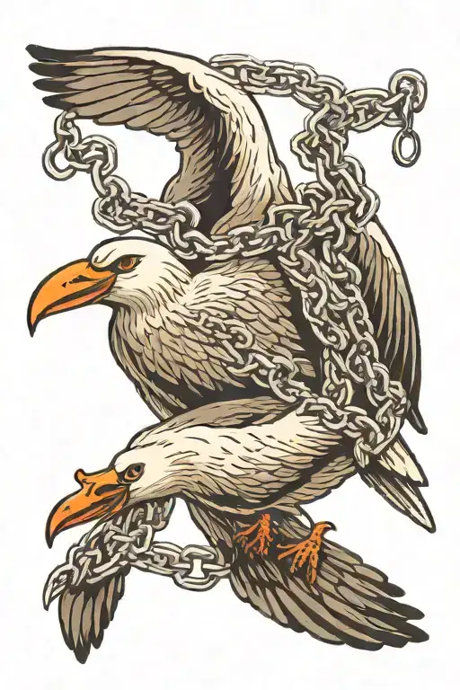 albatross (bird) with chain in mouth soaring in the sky  tattoo design idea