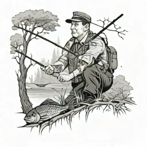 A tattoo design of a correction officer standing in a forest, holding a fishing rod with a fish caught on the line, with Adam Sandler's face subtly hidden in the trees, in a black-grey style tattoo design idea