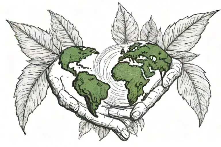 earth in hands holding rainbow in background, embroidery pattern leaves  tattoo design idea