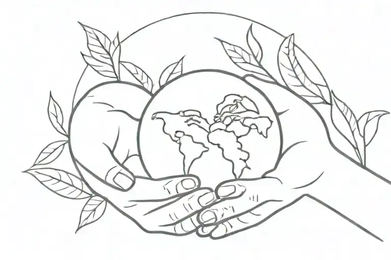 earth in hands holding rainbow in background, embroidery pattern leaves  tattoo design idea