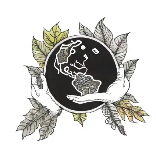 earth in hands holding rainbow in background, embroidery pattern leaves  tattoo design idea