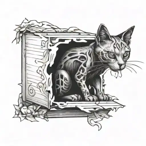 cat peaking out of a box, half alive half skeleton  tattoo design idea