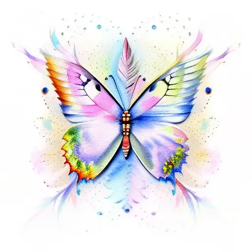 Watercolour Butterfly. One of the wings is made of feathers like an angel wing and the other wing is made of flowers tattoo design idea